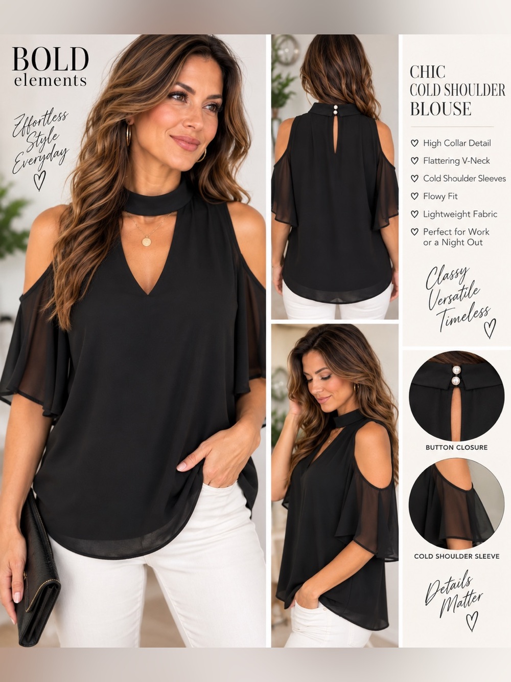 BOLD elements Black Blouse Size L Sheer Sleeves V-Neck High Collar Cold Shoulder